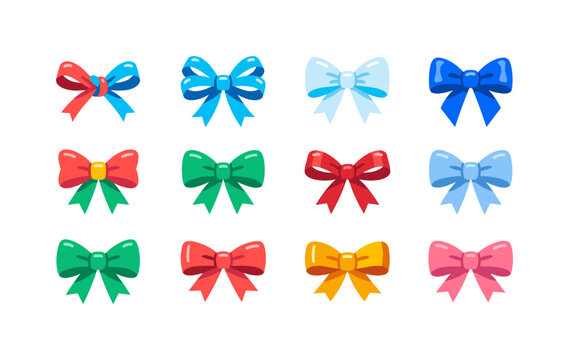 Coquette Ribbon Bows, bright flat vector icon set featuring satin bow, double loop bow, ribbon knot, gift bow, wedding bow, birthday bow, fashion ribbon, hair bow, label bow, decorative streamer,