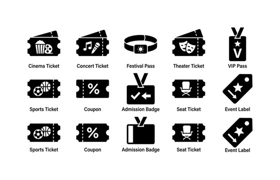 Event Ticket Collection, solid glyph icon set featuring cinema ticket, concert ticket, festival pass, theater ticket, VIP pass, sports ticket, coupon, admission badge, seat ticket, event label,