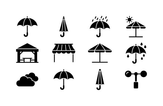 Weather Umbrella Symbols, solid glyph icon set featuring open umbrella, closed umbrella, rain umbrella, sun parasol, storm shelter, waterproof canopy, beach sunshade, dripping umbrella, cloud cover