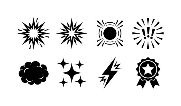 Golden Comic Bursts, solid glyph icon set featuring explosive burst, starburst, impact circle, surprise rays, action cloud, sparkle, power flash and luxury badge, covering comics, awards, promotions