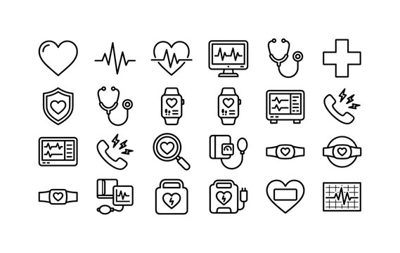 Heartbeat Medical Pulse, line icon set featuring heartbeat line, heart shape, cardiogram monitor, pulse sensor, stethoscope, medical cross, heart shield, smartwatch health screen, emergency alert,