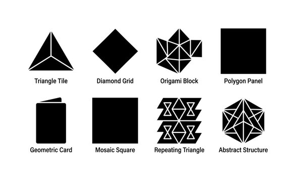 Triangular Mosaic Patterns, solid glyph icon set featuring triangle tile, diamond grid, origami block, polygon panel, geometric card, mosaic square, repeating triangle, abstract structure, covering