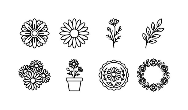 Retro Chamomile Flowers, line icon set featuring chamomile bloom, daisy head, flower stem, leaf sprig, blossom cluster, flowerpot, botanical badge and spring wreath, covering spring, summer, floral