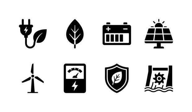 Renewable Energy Saving, solid glyph icon set featuring green plug, leaf, battery, solar panel, wind turbine, power meter and sustainability shield, covering renewable energy, ecology, electricity