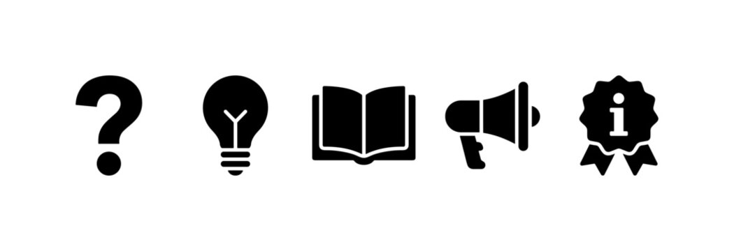 Did You Know Campaign, solid glyph icon set featuring information badge, question mark, light bulb, megaphone, speech bubble, knowledge book, fact card and marketing banner, covering interesting