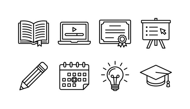 Learning Training Essentials, line icon set featuring textbook, laptop, certificate, seminar board, pencil, calendar, light bulb and graduation cap, covering education, training, courses, school and