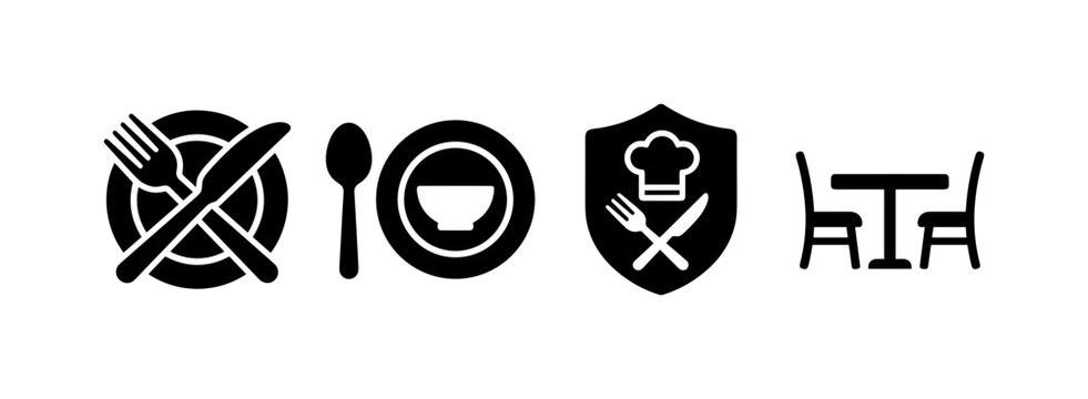 Dining Cutlery Symbol, solid glyph icon set featuring fork, knife, plate, spoon, restaurant badge, dining table symbol, meal icon, covering restaurants, food service, dining, kitchens, hospitality,