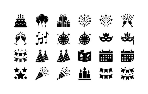Celebration Party Essentials, solid glyph icon set featuring birthday cake, balloons, gift boxes, fireworks, champagne glasses, music notes, disco ball, carnival mask, garlands, party hats, greeting