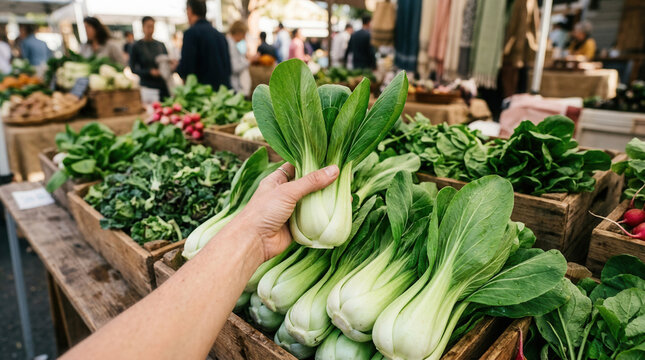 Fresh Bok Choy Selection At A Bustling Farmers Market