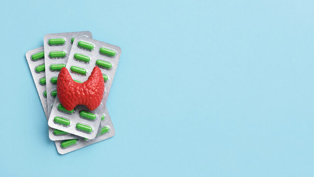Red thyroid gland model and green capsules in blister packs on blue, endocrine health and medical treatment