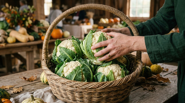 Fresh Cauliflower Harvest Basket Farmer's Market Autumn Bounty