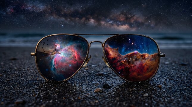 Aviator sunglasses on a dark beach reflecting vibrant cosmic nebula under a starry night sky