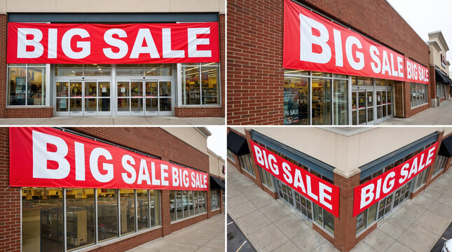 Big Sale Shopping Queue Retail Store Discount Crowd Customer Shopper Sign Promotion Event Street Collage