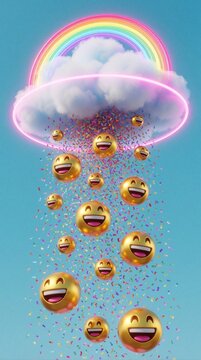 Golden happy faces and confetti fall from a cloud with a neon rainbow ring. Digital art shows joy and celebration in bright pastel sky. Fun abstract graphic conveys positive emotions.