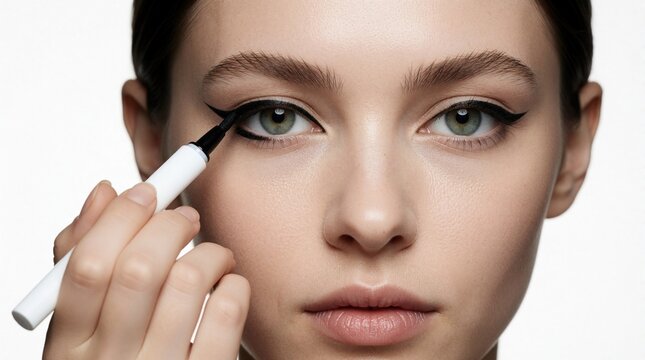 Woman applies sharp black eyeliner wing using pen applicator. Focus on eye makeup, precise cosmetic line, creating defined feline flick. Glamour look, beauty care, skillful application for dramatic