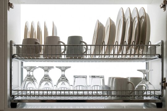 Organized kitchen rack holds clean plates, cups, and glasses on chrome shelves. Neatly stacked dishes and drinkware reflect bright light, showing tidy dishware presentation.