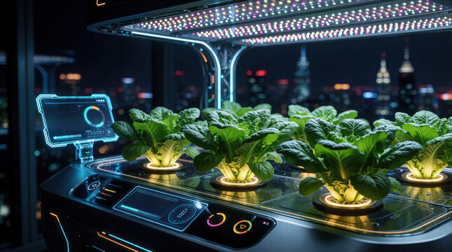 Futuristic smart farming system grows leafy green vegetables using hydroponics. High tech indoor garden with LED lights, digital touch screen interface. Automated urban agriculture setup in modern