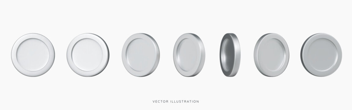 3D Silver coin icon set in different rotations. Metallic or chrome effect. Spinning platinum coins. Aluminium medals for games, casino and animations. 3D Cartoon design vector illustration