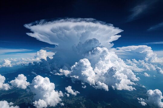 Aerial view of massive white cumulonimbus cloud formation in deep blue sky. Huge thunderhead rises above smaller fluffy clouds, mountain landscape. Atmospheric weather phenomena above earth