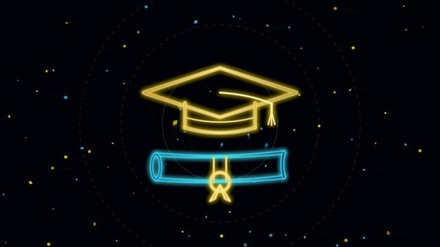 Glowing neon graduation cap and diploma scroll animation featuring vibrant colors on dark abstract background motion