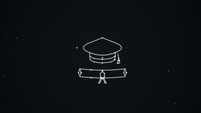 Graduation cap and diploma certificate line animation motion footage showing academic success in dark background style