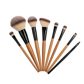 A professional set of makeup brushes arranged in a fan on transparent