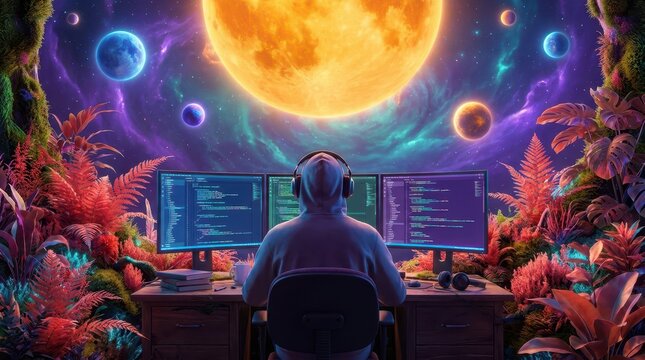A digital nomad or software developer wearing a hoodie working on triple monitors in a surreal bioluminescent jungle setting under a giant glowing planet