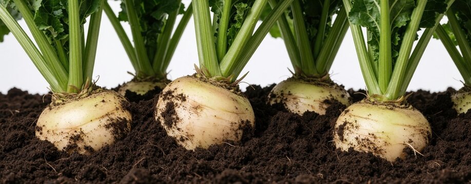 Fresh sugar beet plants grow in dark rich soil. Green leaves sprout from white root vegetables in garden. Close up view of organic crops during harvest season in farm field. Healthy food ingredients