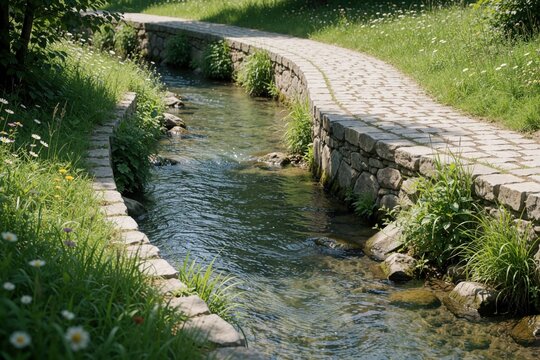 Small stream flows through stone canal in Samobor. Pedestrian walkway with stone pavement runs along river bank. Green grass, wild flowers grow near water. Peaceful rural landscape with garden, trees