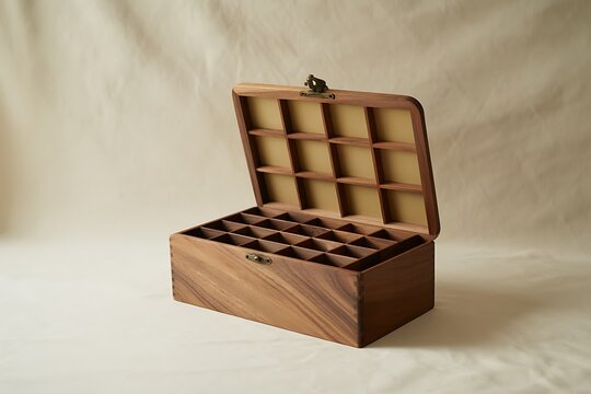 Wooden storage box with multiple compartments and lid latch