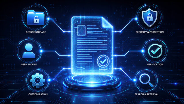 Glowing blue holographic documents with workflow icons representing digital file management system and automated data processing
