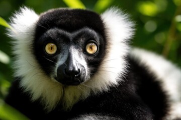 Obraz premium Black and white ruffed lemur sits in green foliage. This primate has striking yellow eyes and distinctive facial markings. It looks intently at camera. Wild animal in natural habitat.