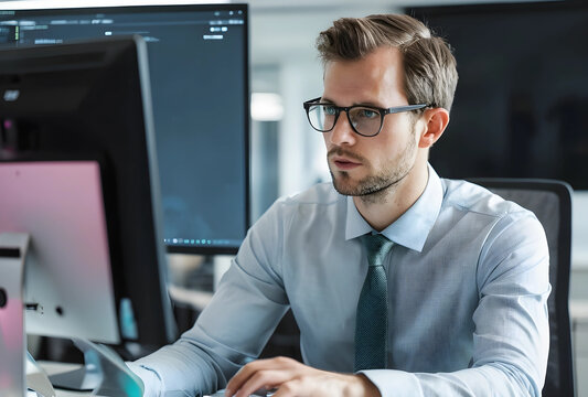 Focused young businessman in glasses working on computer in modern office environment, professional corporate setting, He is dressed in a light blue shirt and tie