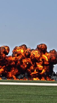 Massive Pyrotechnic Explosion with Fireball at Military Base During Airshow Demonstration.