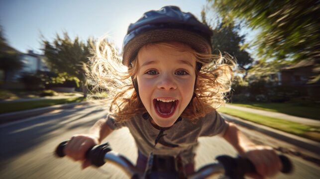  Gl&uuml;ckliches kleines M&auml;dchen mit Fahrradhelm f&auml;hrt schnell Rad und schreit vor Freude, dynamische Action-Perspektive