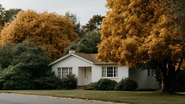 Calm suburban house surrounded by vibrant fall foliage