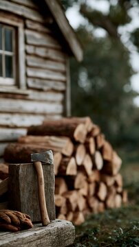 Cabin with woodpile and axe ready for chopping