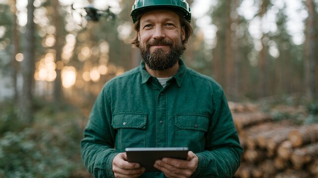 Cheerful logger stands among trees, using a tablet outdoors