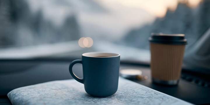 Steaming mug rests beside disposable coffee cup