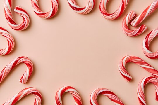 Red and white striped candy canes create decorative frame on pastel surface