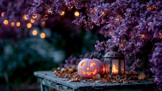 Carved jack-o'-lantern with lantern sits beneath blossoming trees