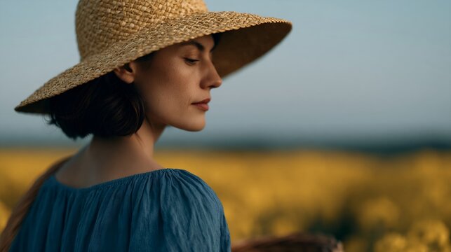 Young woman in wide-brimmed hat overlooks golden flower field