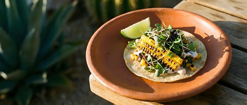 Grilled corn taco with fresh greens and lime on wooden plate