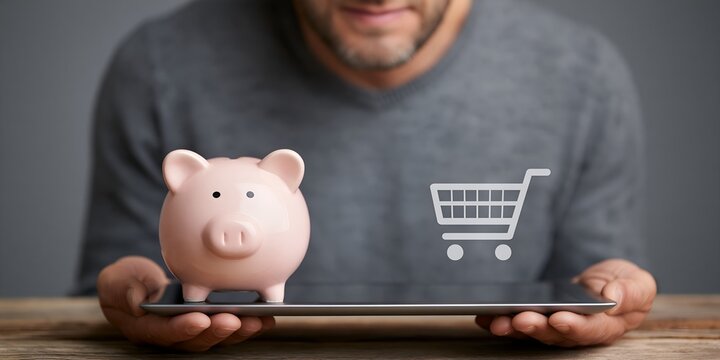 Piggy bank and shopping cart on tablet
