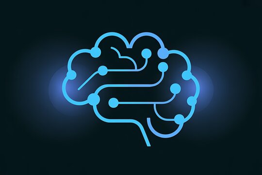 Glowing blue human brain with neural network and digital circuit lines for AI and technology concepts