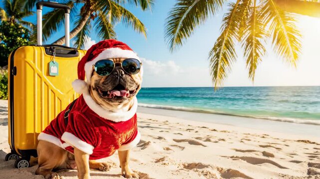 French Bulldog in Santa costume with sunglasses sits beside yellow suitcase on tropical beach under palm trees, enjoying sunny holiday atmosphere