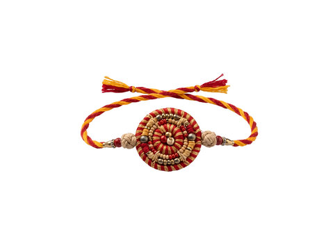 Traditional Indian Raksha Bandhan rakhi bracelet with red and golden threads, handcrafted beads and decorative centerpiece isolated as a transparent PNG design element.