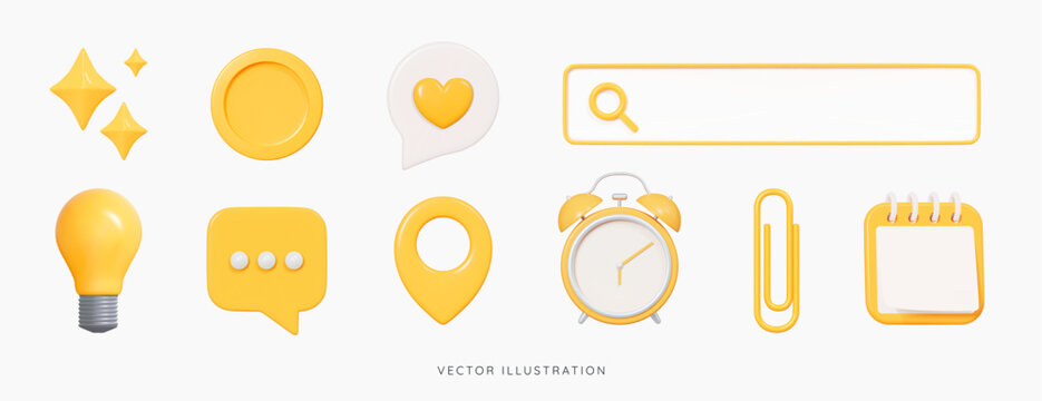 3D Social media emoji icon set. Yellow business and study elements. Office supplies. Speech bubble messages, search bar, alarm clock, calendar, coin and pin. 3D Cartoon design vector illustration