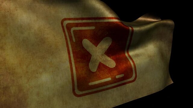 Waving flag with a square Cancel icon on worn fabric