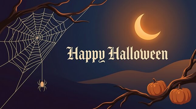 Happy halloween greeting card with crescent moon, spider web, and pumpkins